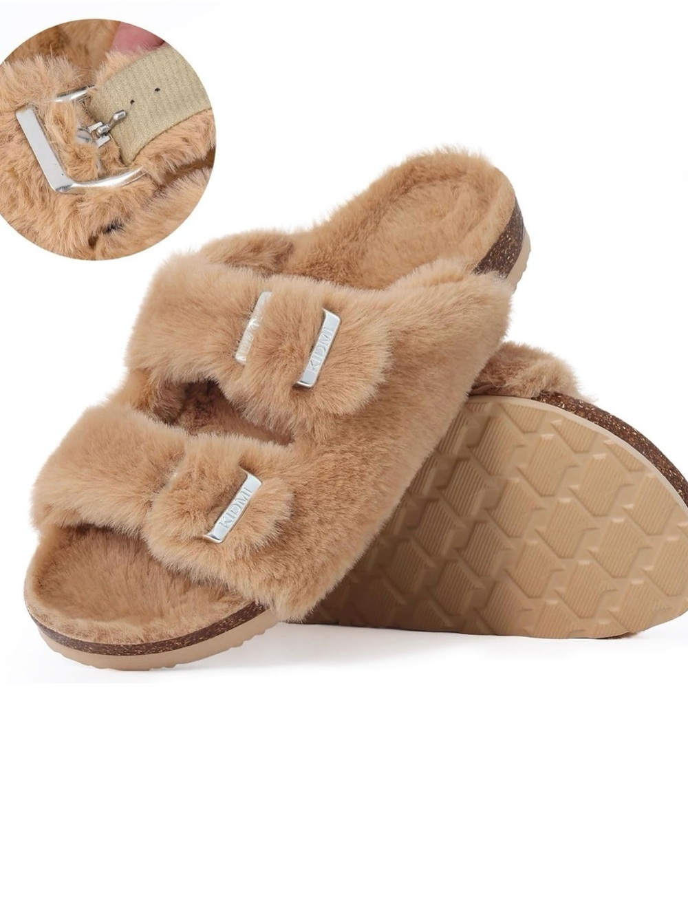 Faux Fur Double-Strap Slide Sandals - Tan/Camel
